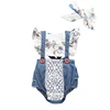 Fashion summer two pieces baby jumpsuit sets floral ruffle suspender denim diaper romper & headband lace baby clothes romper