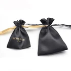 Custom black satin jewelry drawstring gift pouch, satin bag with logo printing