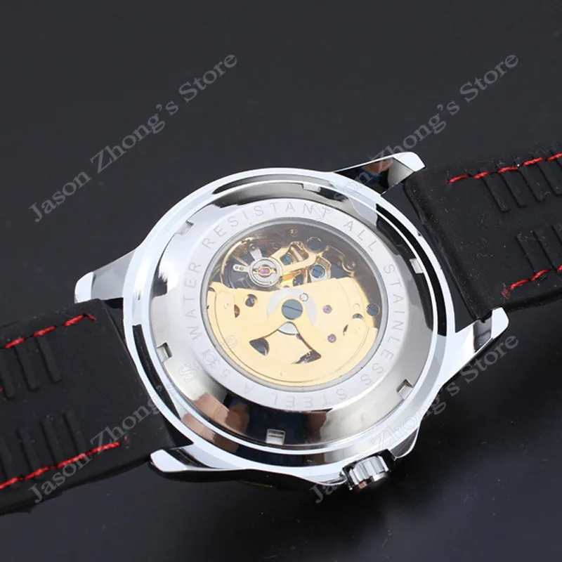 New WINNER Hollow Engraving Skeleton Casual Design Black Golden Case Rubber Strap Watches Men Luury Brand Automatic Watches