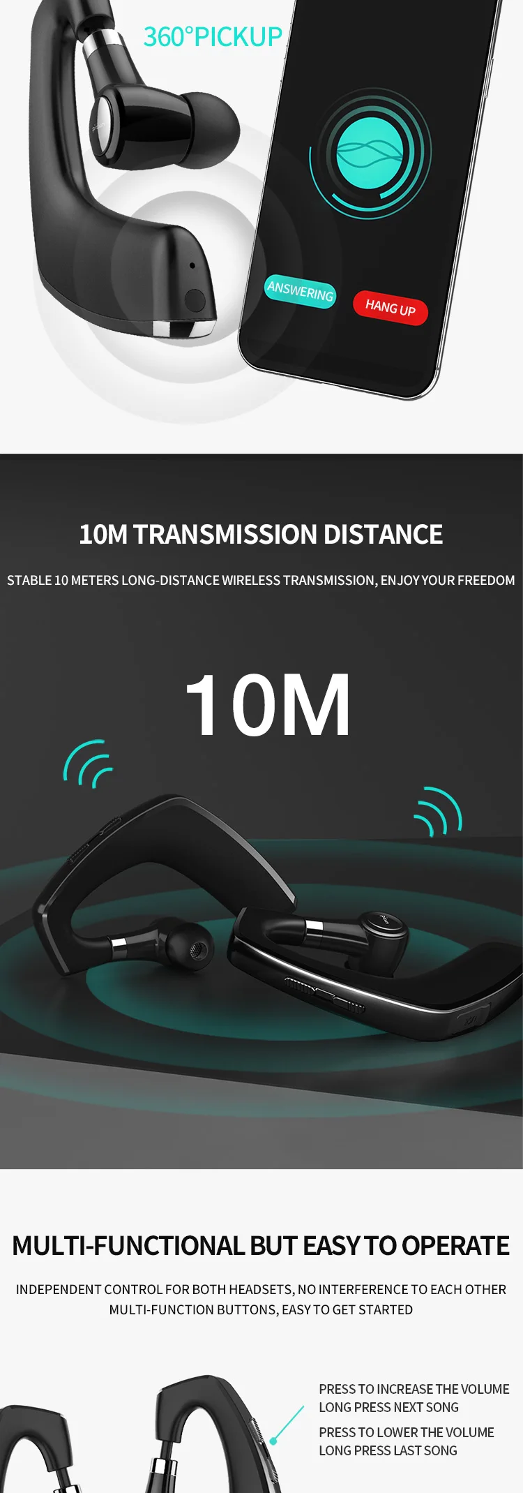 Picun W3 TWS 5.0 Mobile Phone Handfree IPX6 Waterproof Sport Wireless Bluetooth Earhook Earphone - ANKUX.COM