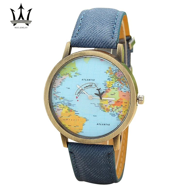 relojes hombre 2015 Best New Design Aircraft Watch Women Denim Fabric Belt Quartz Dress Wrist Watches For Men World Map relojes