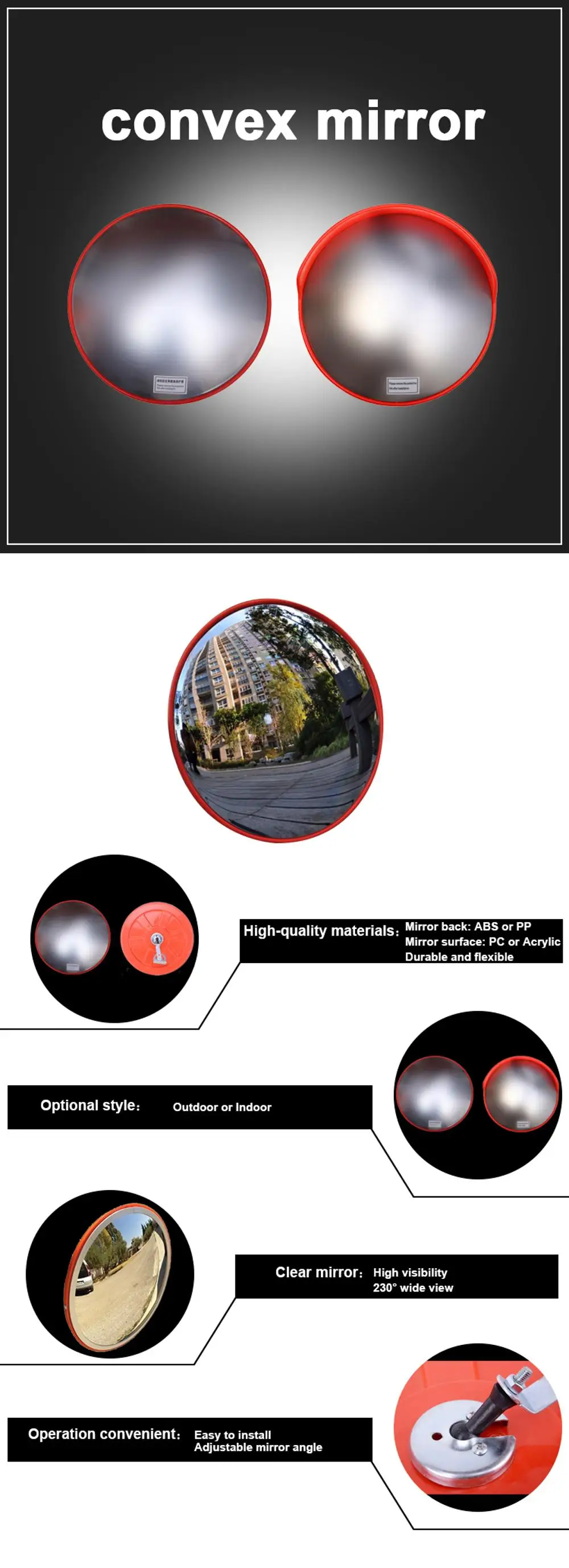 unbreakable traffic safety 100cm stainless steel convex mirror