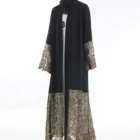 2019 Elegant Casual Open Kimono Abaya Luxury Golden Lace Black Nida Fabric Islamic Clothing Dress Muslim Women Abaya