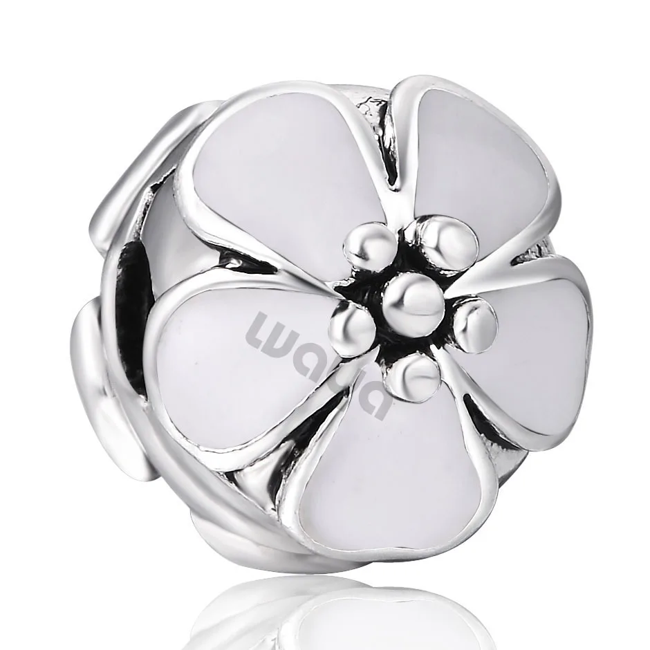 925 Sterling Silver White CHERRY BLOSSOM Clip Floating European Locket Beads DIY Bracelet Charms Fits Chain Necklace Bangle