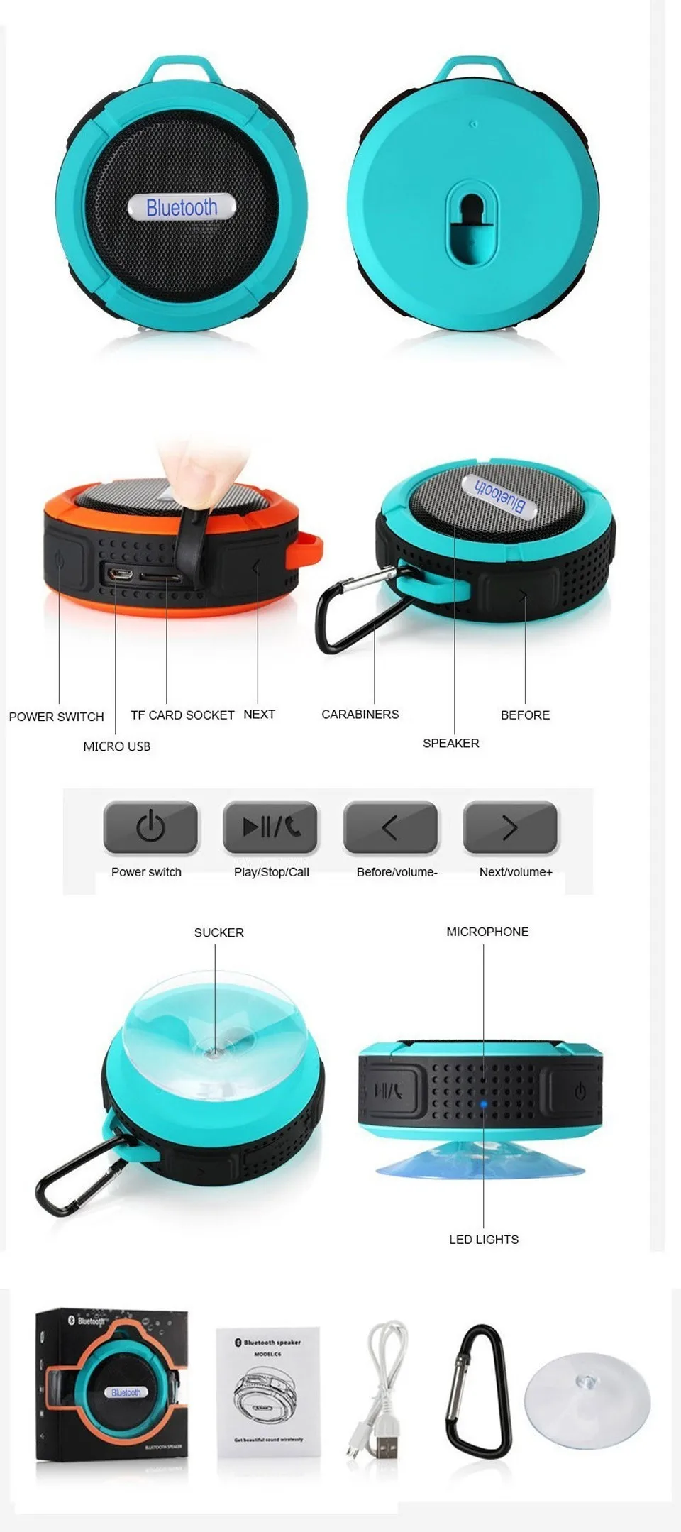 C6 Waterproof Outdoor BT3.0 Speaker TF Wireless Music Loudspeaker Portable Speakers Shower Bicycle Speaker For Bike/Bathroom - ANKUX.COM