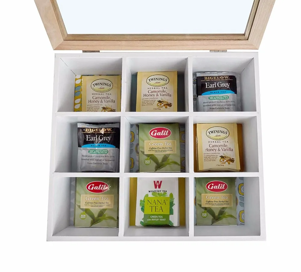custom design 9 compartments white twinings tea wooden gift box