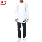 Hot Selling 2018 Fashion White Long Sleeve Ripped Longline T Shirt Men