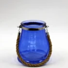 Double shackle Wind light big glass candle holder in blue color with rope