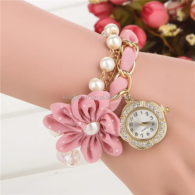 alloy chain pearl silk flower bracelet watch handmade crystal