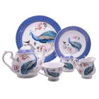 Blue and White peacock design bone china tea sets 24pcs dinnerware sets for wholesale