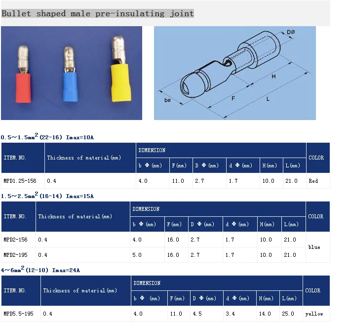 Wenzhou Factory Mpd Bullet Shaped Male Insulating Joint Terminal