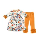 Hot selling kids clothes pumpkin printing ruffle long-sleeved baby girl clothing set