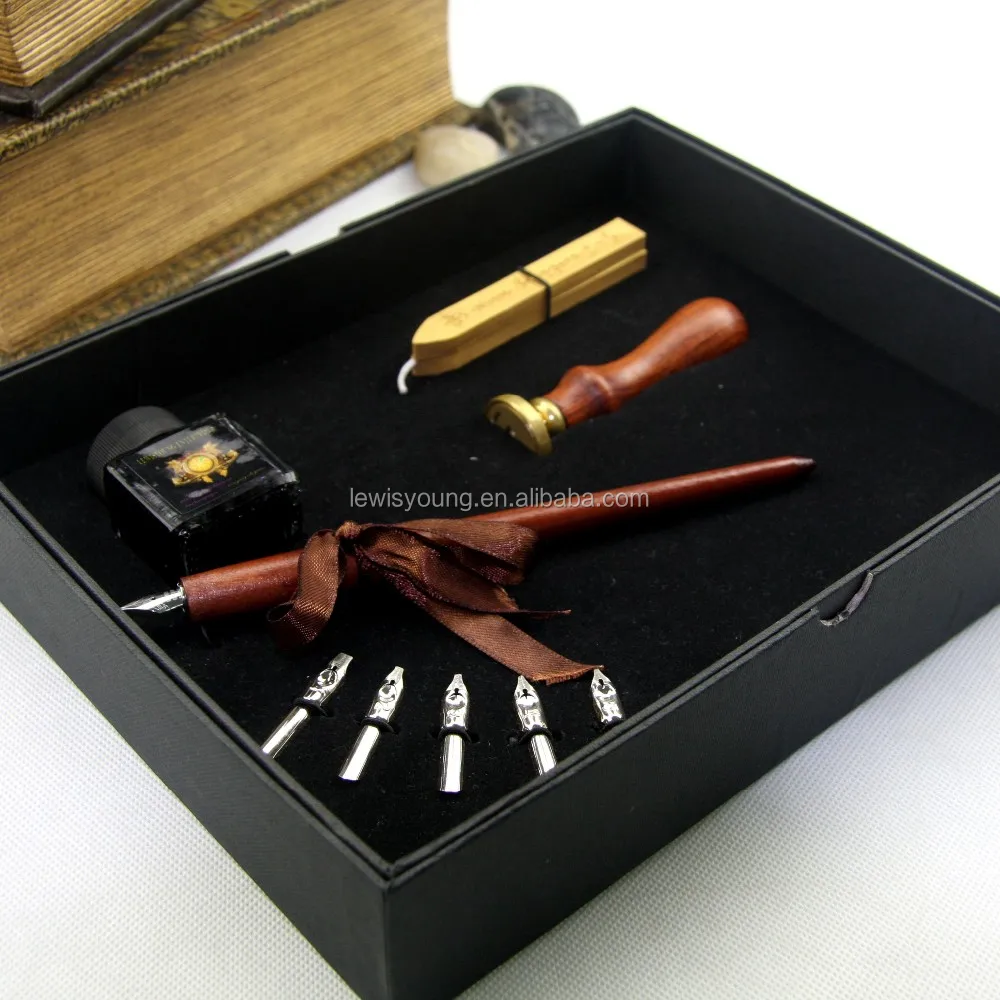 quill dip pen art calligraphy writing wooden pen set,carved wood