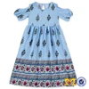 Wholesale Cotton Blue Printed Bare Shouldered Kids Girls Stylish Frock For Children Girls Dress.