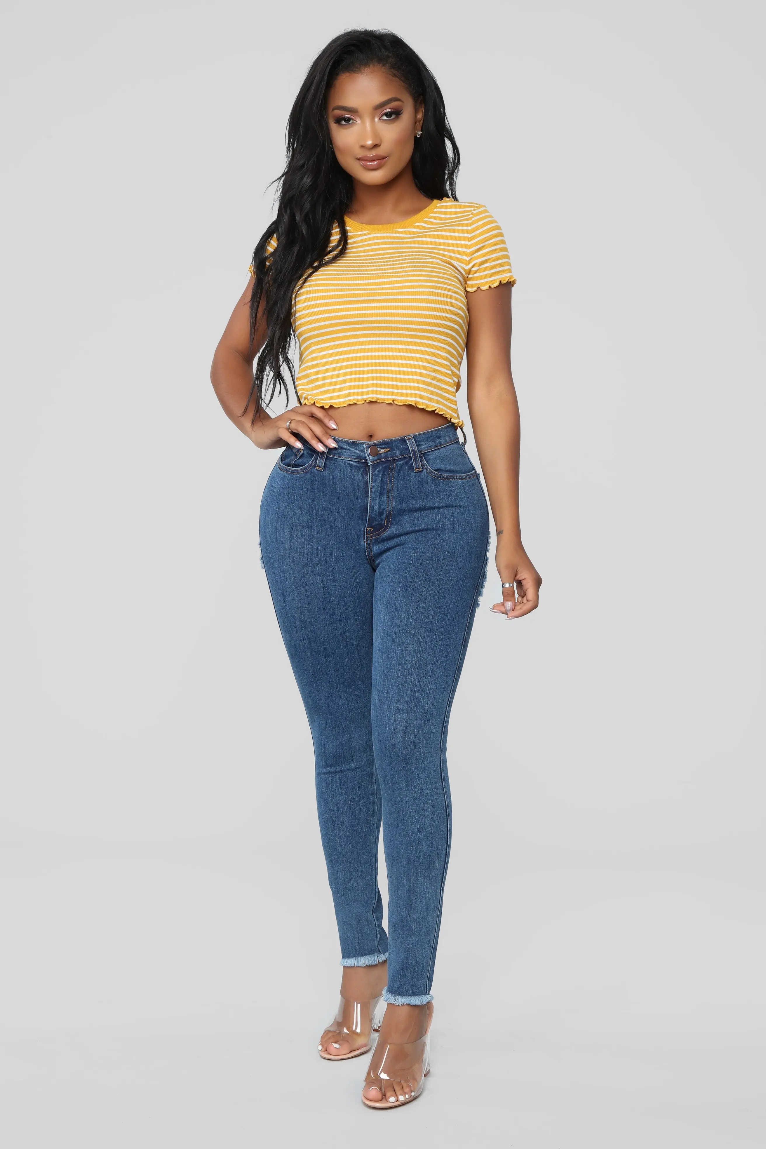 HIgh Waist Blue Denim With Butt Distressed Skinny Lady Pencil Jeans