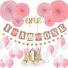 First Baby Girl 1st Party Hat Set with Crown Cake Topper I Am One Stars Banner Pink Paper Fan Balloons Happy Birthday Decoration