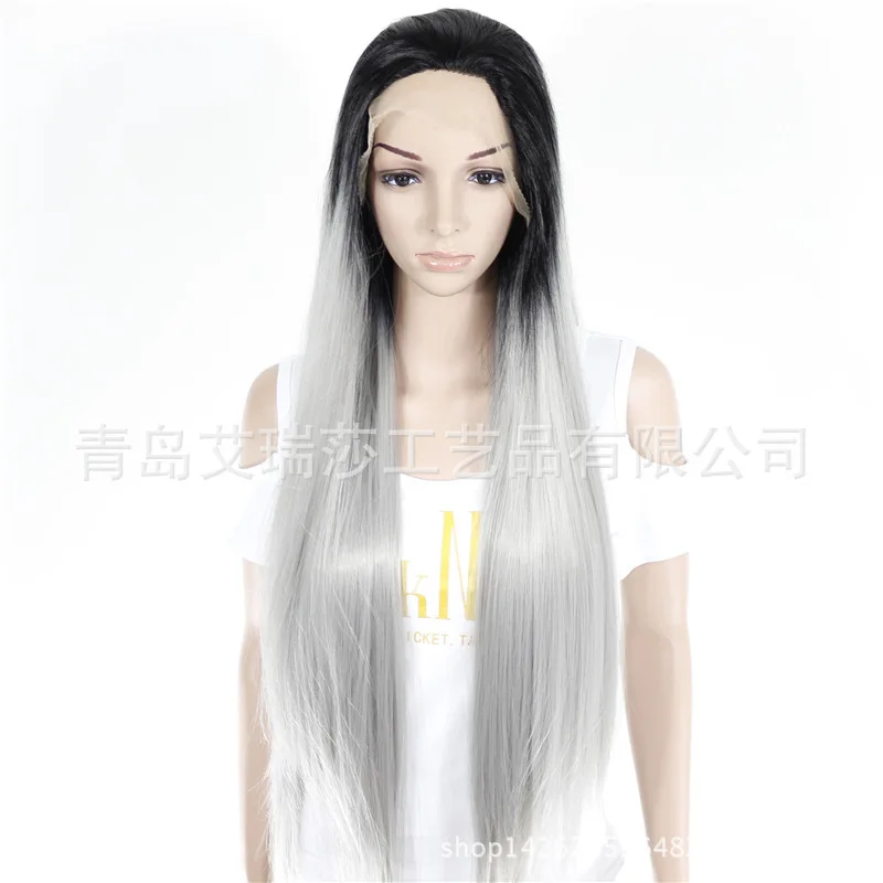 Free Shipping New Women Silk Straight Silver Grey Long Synthetic Lace Front Wig Ombre Heat Resistant Hair Wigs Wholesale