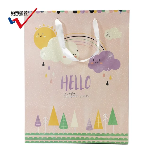 holiday ribbon handle glitter hot stamping large paper bag
