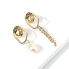 American fashion jewelry asymmetric baroque pearl charm rhinestone tassel gold plated earrings