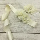 Beige Ribbon Sash & Headband Sets With Rose Lace Feather Crown Headdress Bridal Wedding Accessory