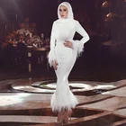 Arabic Satin Feather Mermaid Long Sleeve Party Muslim Evening Wedding Dress