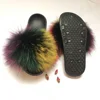Newest colorful Luxury women real fur Slides for women colorful pattern multiple color shoes natural raccoon fur slippers