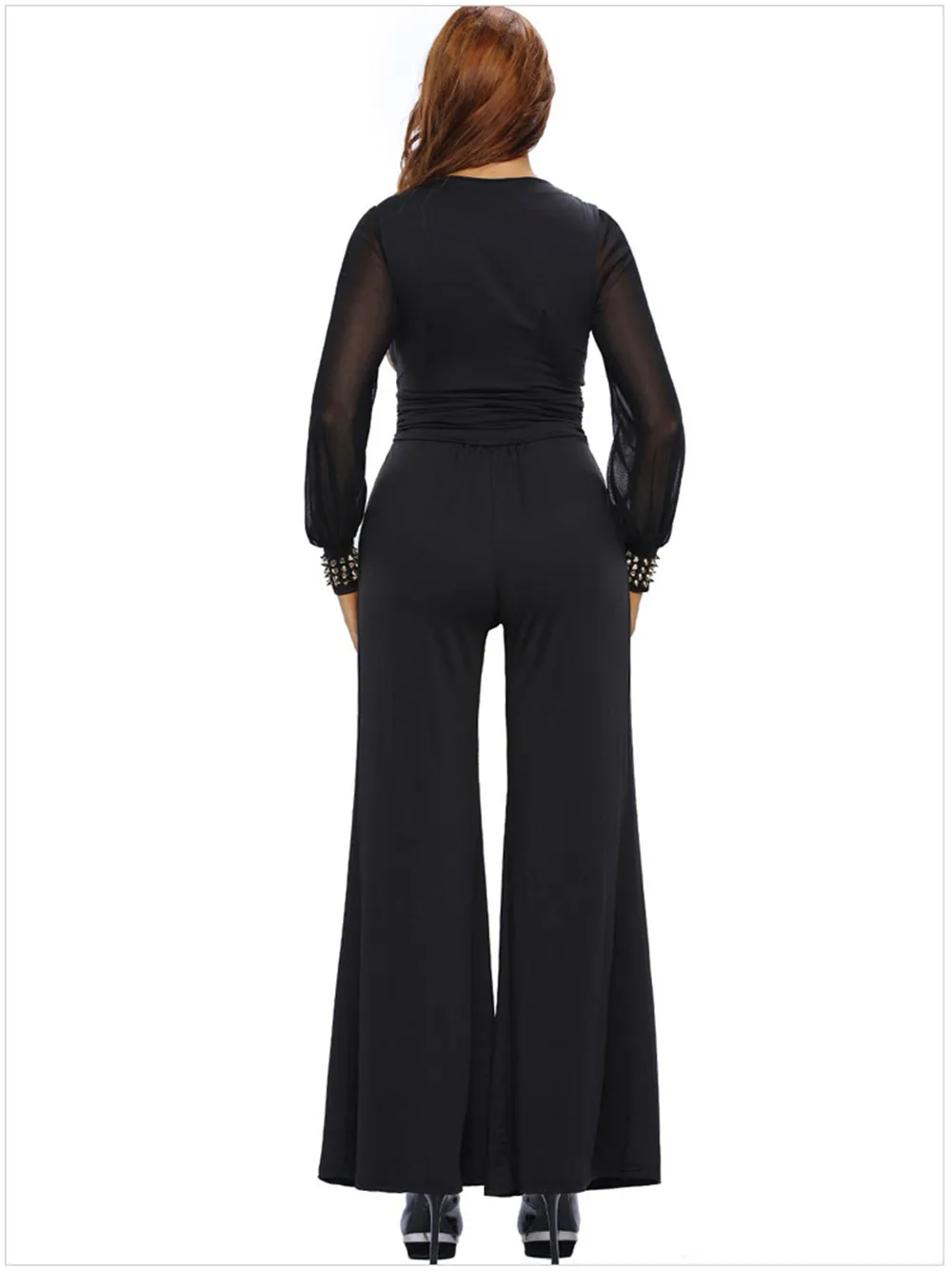 Sexy Deep V-neck Embellished Cuffs Jumpsuit 2018 Spring Party Mesh Sleeves Loose Club Pant Long Black Rompers Womens Jumpsuit (12)