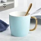 350ML Candy Color Ceramic Mug Coffee with spoon Gold handle mug