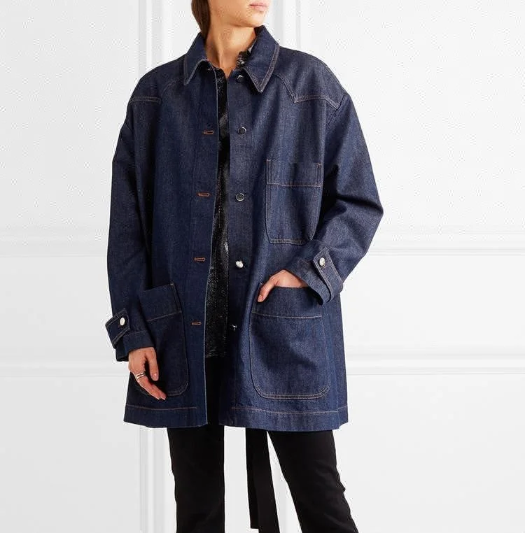 Royal Lobo Denim fabricante chaqueta azul oscuro peplum estilo Longline oversized jeans chaqueta Mujer