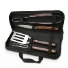 Durable hard wood handle heavy duty stainless steel grill tools set thick solid BBQ grill fork knife utensils with storage bag.