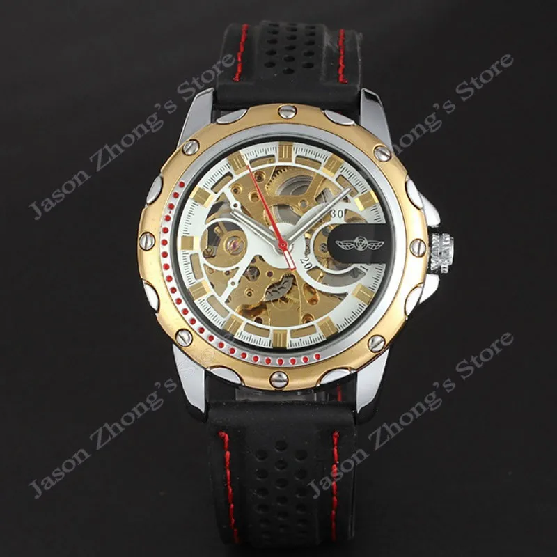 New WINNER Hollow Engraving Skeleton Casual Design Black Golden Case Rubber Strap Watches Men Luury Brand Automatic Watches