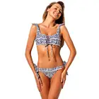 Blue Tribal Print Lace Decor Trim 2pcs Bikini Swimsuit Women