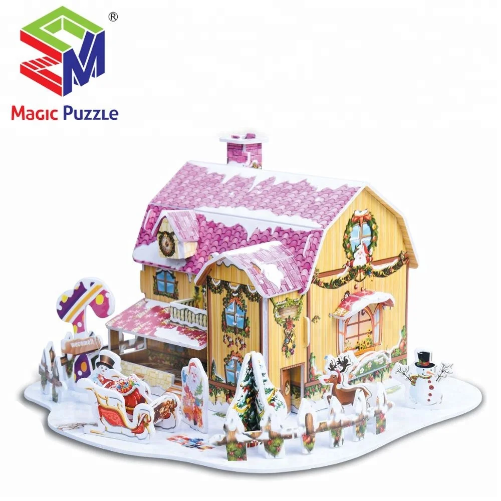 3d puzzle christmas gift snow blue villa paper cardboard puzzle