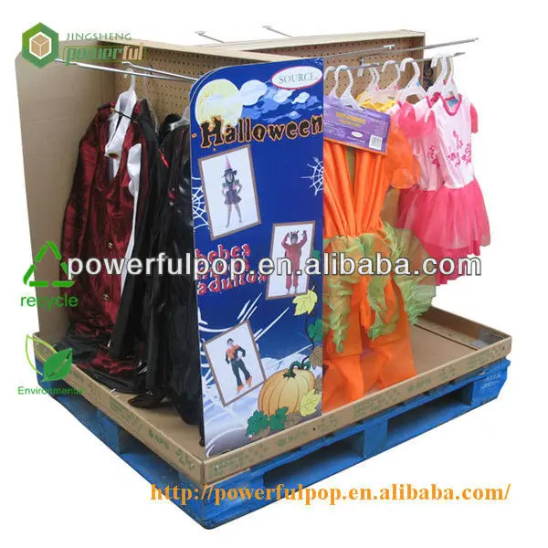 holiday children clothes dressing cardboard paper pallet display stands with peg hooks