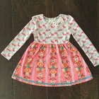 long sleeve boutique girls pink dress floral cotton kids dresses
