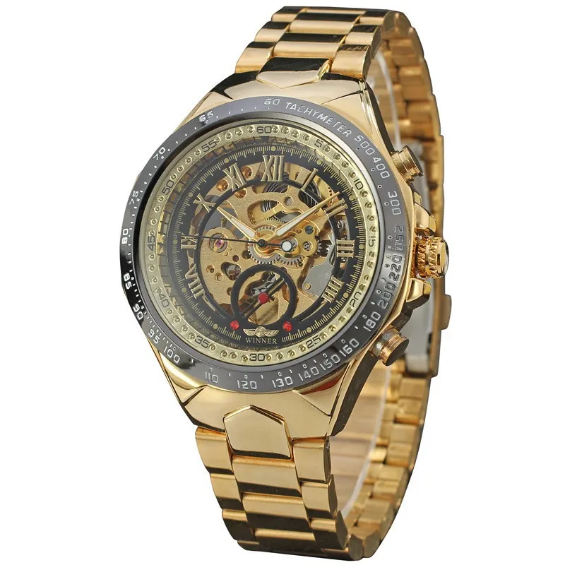 2016 New Hot Sale Skeleton Hollow Fashion Mechanical Self Wind Men Luury Male Business Gold Stainless Steel Strap Wrist Watch