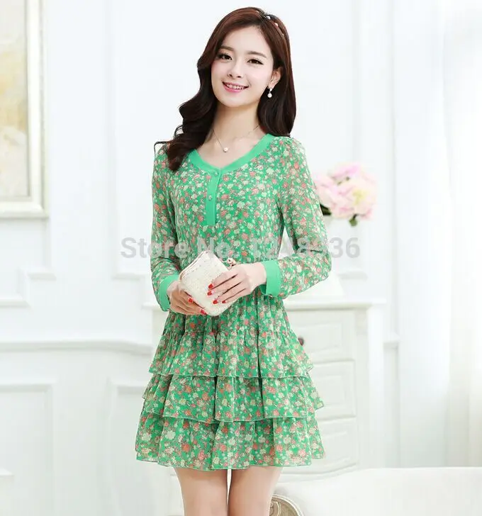Vestidos De Fiesta Time-limited Natural Full Women Dress 2014 In The Korean Version Of And Chiffon Long Sleeve Dress New Layered