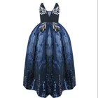 Navy blue stitching leaf pattern party dress cute children girl navy blue floral dress