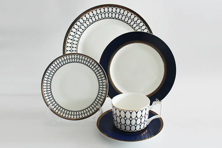 Wholesale Bone China Dinner Set Online Ceramic Dinner Plates Navy Blue Porcelain Dinnerware Set