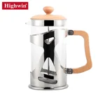Factory New Design Wood Handle and Lid French Press Stainless Steel Frame Borosilicate Glass Tea Cold Brew Coffee Maker