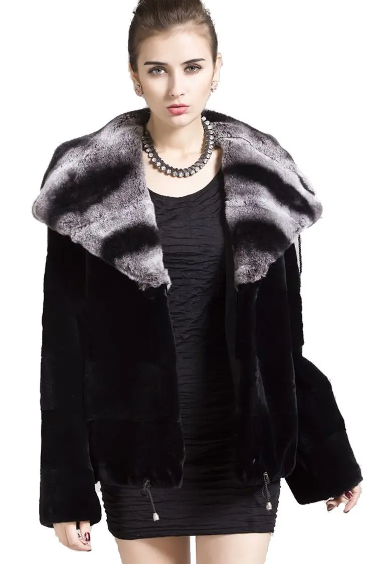 Qiudu Women's Genuine Natural Whole-hide Rex Rabbit Fur Coat Parka With Hoodi