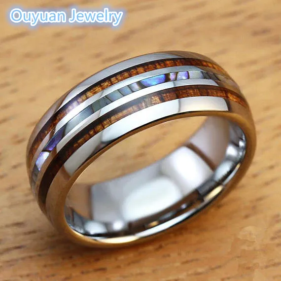 2017 new design domed titanium couple ring with double wood one