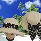 fashion wide brim striped brim up floppy beach ladies paper straw hat spot band with spots scarf