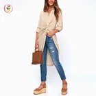Collar Neckline Button-up High-low Hem Tunic Tops Ladies Long-sleeves Longline Shirt Blouse