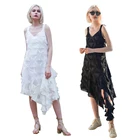 High street irregular v-neck black lady tassel summer vacation spaghetti strap casual dress