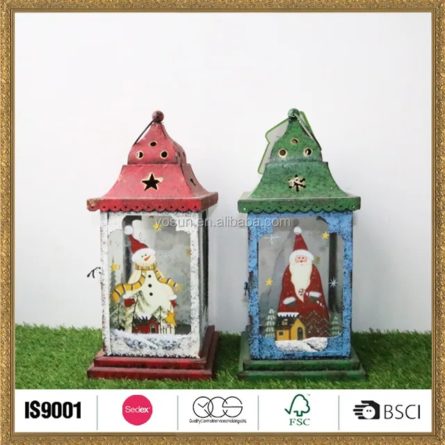 artwork gardening snowman and santa christmas present lantern