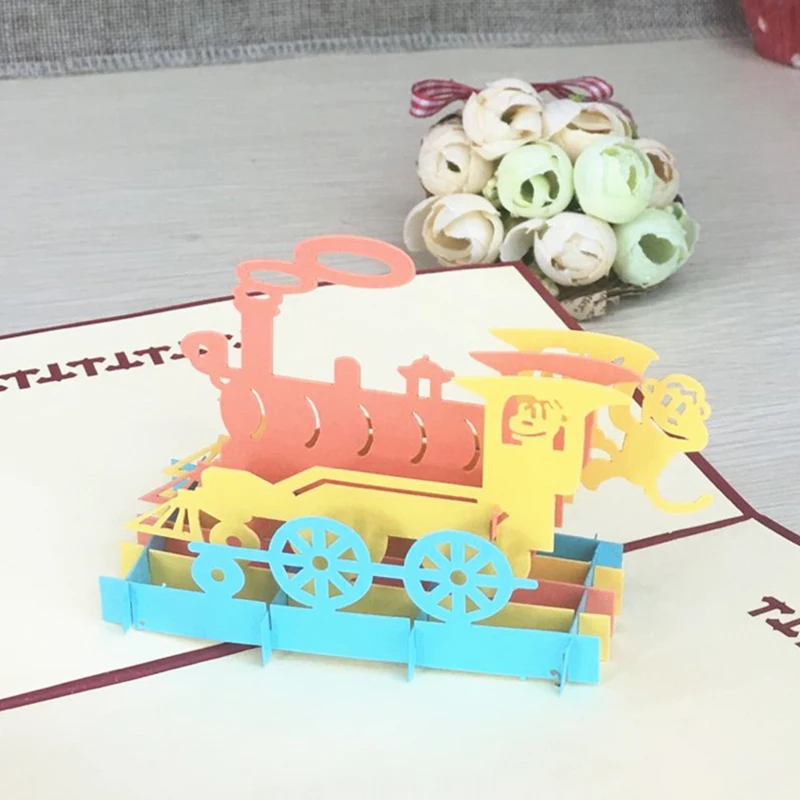 1pcs Christmas Happy Train 3D Laser Cut Greeting Pop Up Card Invitation Custom Postcards Christmas Thanksgiving Day Party Gifts