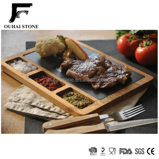 black slate stone serving tray with bamboo plate natural rect