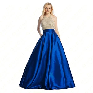 satin beaded halter backless prom dress formal ball gown