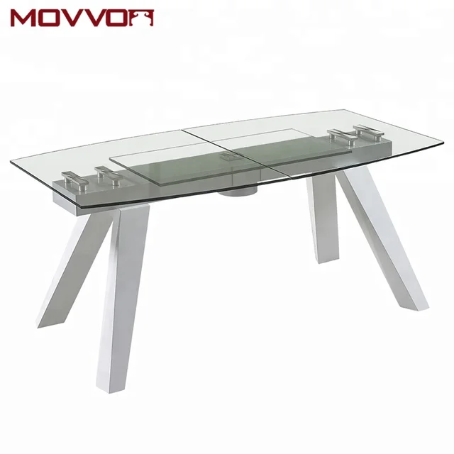 New general style solid glass top wooden feet adjustable dining table for big dining room